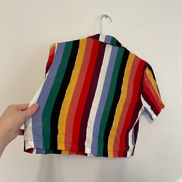 NEW NWT FOREVER 21 Rainbow Striped Short Sleeve Cropped Button Down Crop Top S - Picture 10 of 12